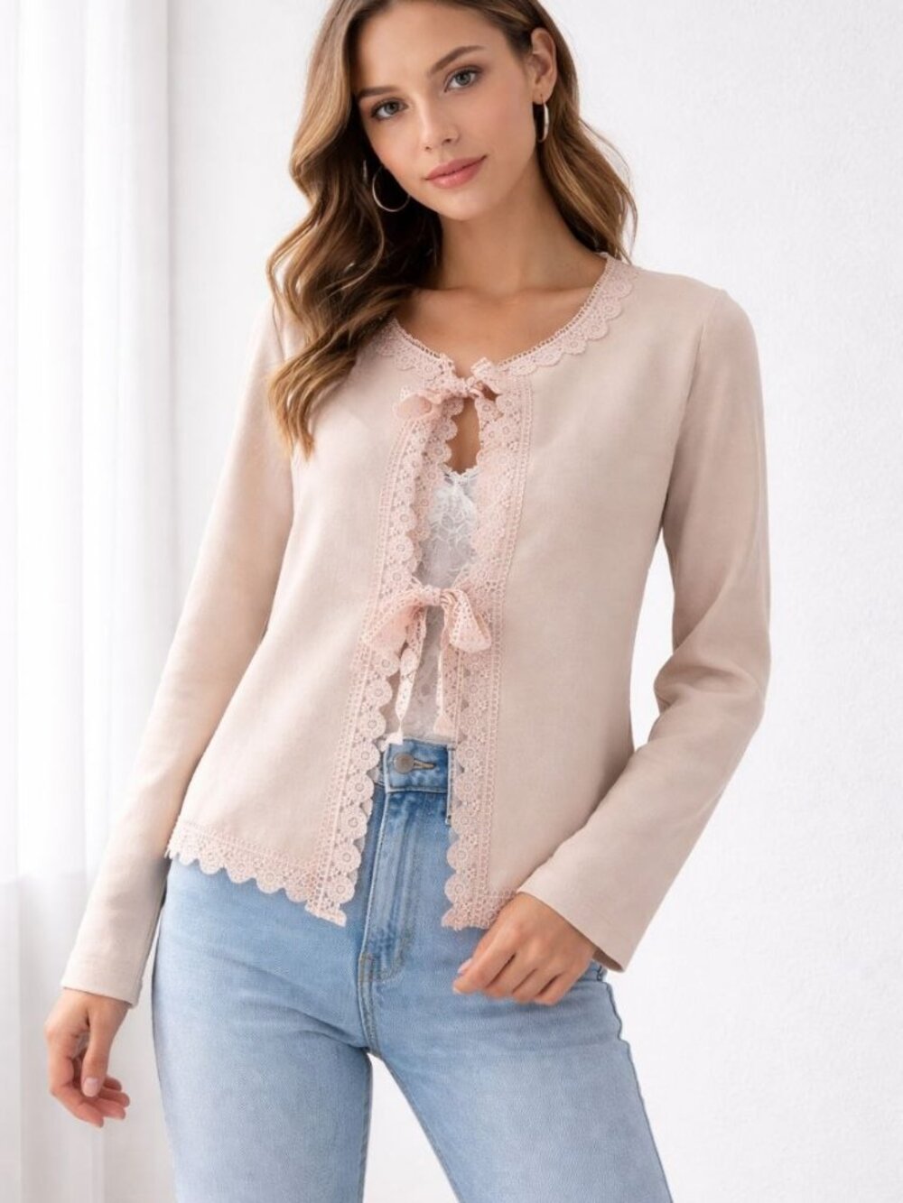 Alice Blue Lace Trim Cardigan Size M Soft Beige Classic Top Elegant